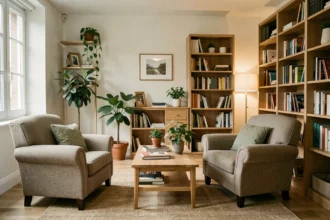 Bureau de psychologue chaleureux et professionnel dans les Pays de la Loire, avec deux fauteuils face à face et une bibliothèque de livres de psychologie