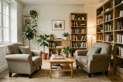 Bureau de psychologue chaleureux et professionnel dans les Pays de la Loire, avec deux fauteuils face à face et une bibliothèque de livres de psychologie