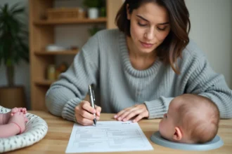 Jeune mère remplissant un formulaire de demande de Carte Vitale pour son nouveau-né à la table de la cuisine
