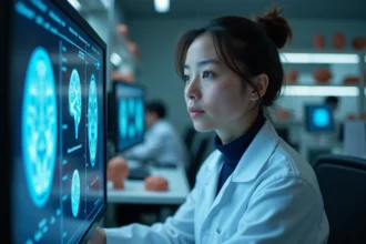 Neuroscientifique femme analysant une IRM cérébrale sur écran dans un laboratoire de recherche en neurologie moderne