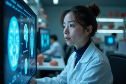 Neuroscientifique femme analysant une IRM cérébrale sur écran dans un laboratoire de recherche en neurologie moderne