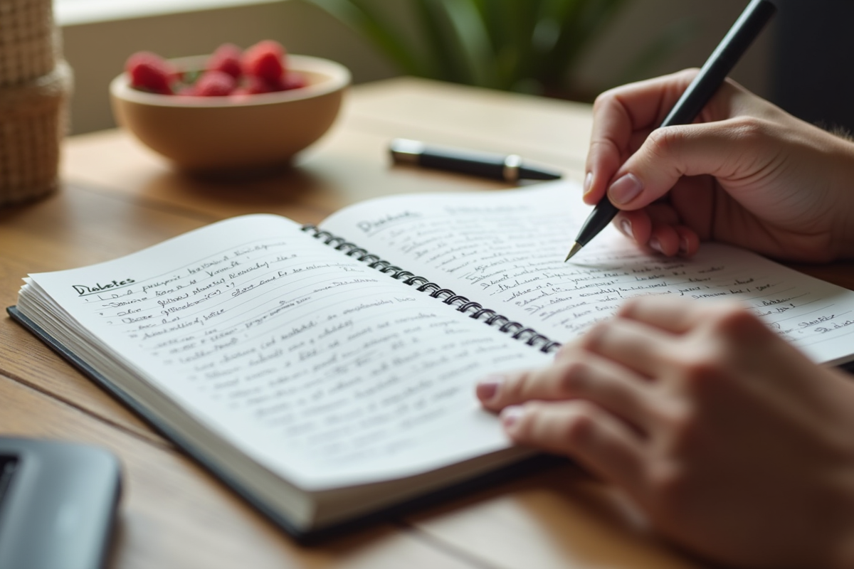 Mains tenant un carnet avec notes sur le diabete et un stylo