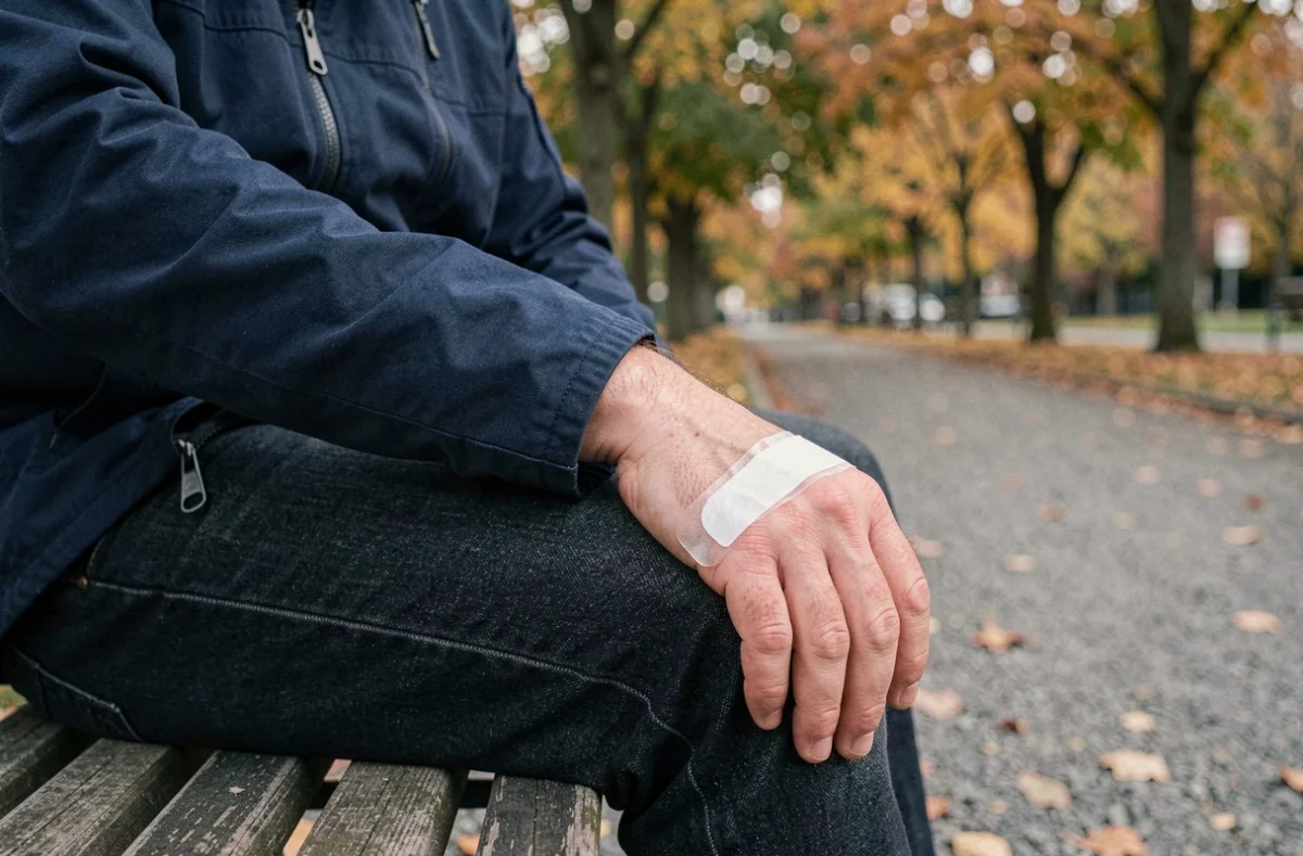 Homme en extérieur montrant un doigt protégé par un pansement transparent après l'arrachement d'un ongle en cours de guérison