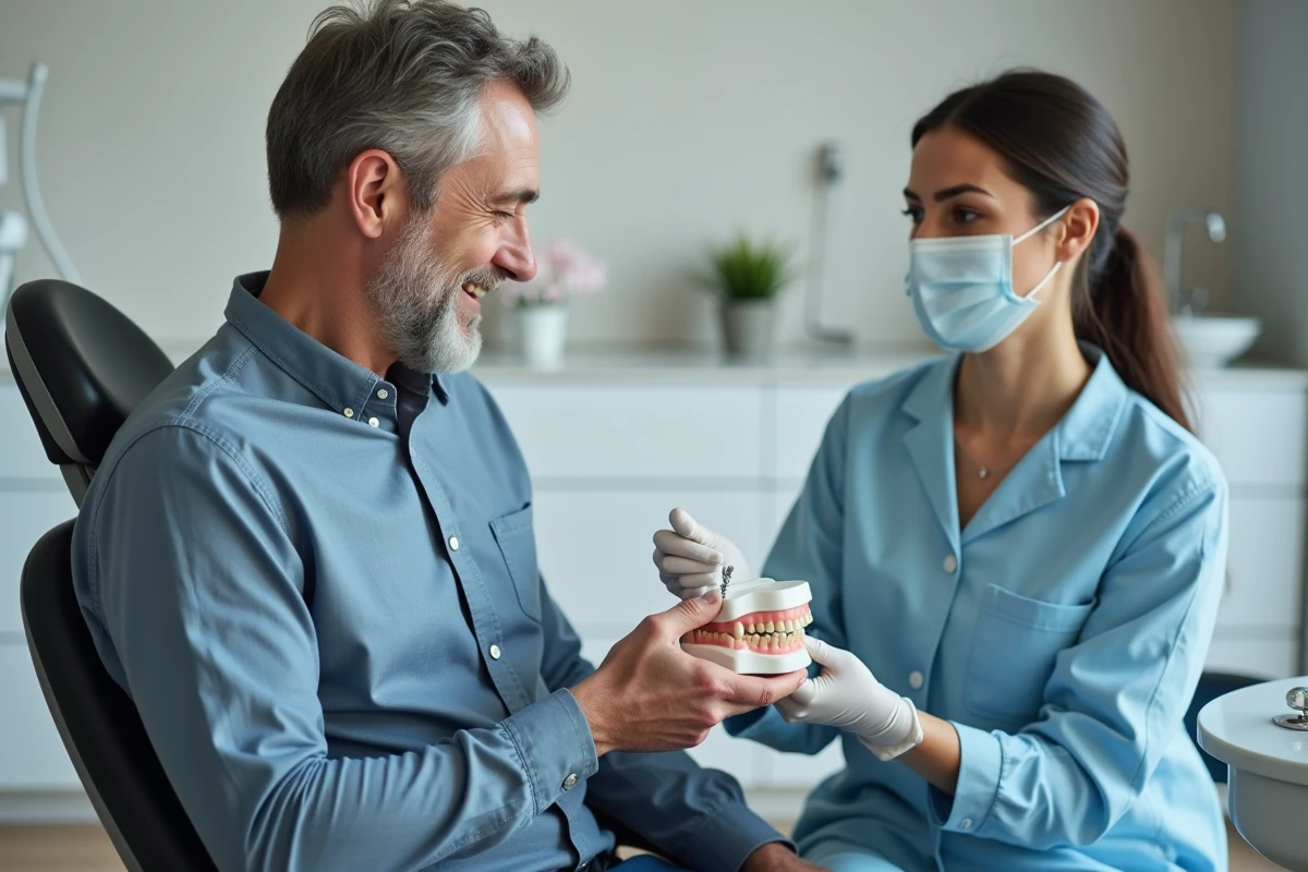 Patient et dentiste discutent d’un implant dentaire en céramique