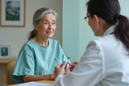 Patient femme en consultation avec médecin et échantillon