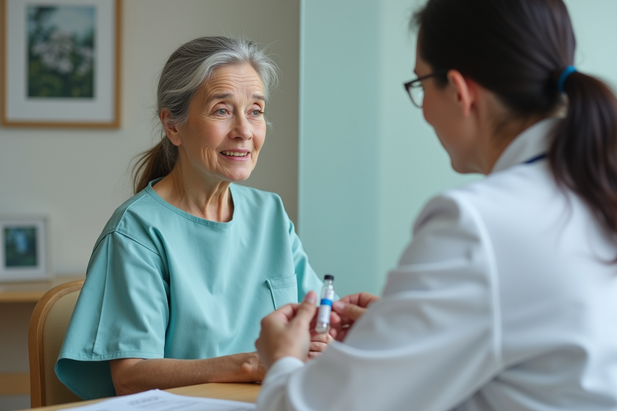 Patient femme en consultation avec médecin et échantillon