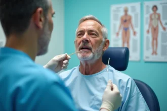 Patient homme en examen buccal dans un cabinet médical