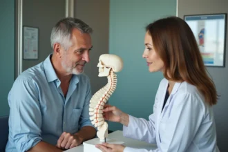 Patient homme écoute une physiotherapeute avec modèle cervical