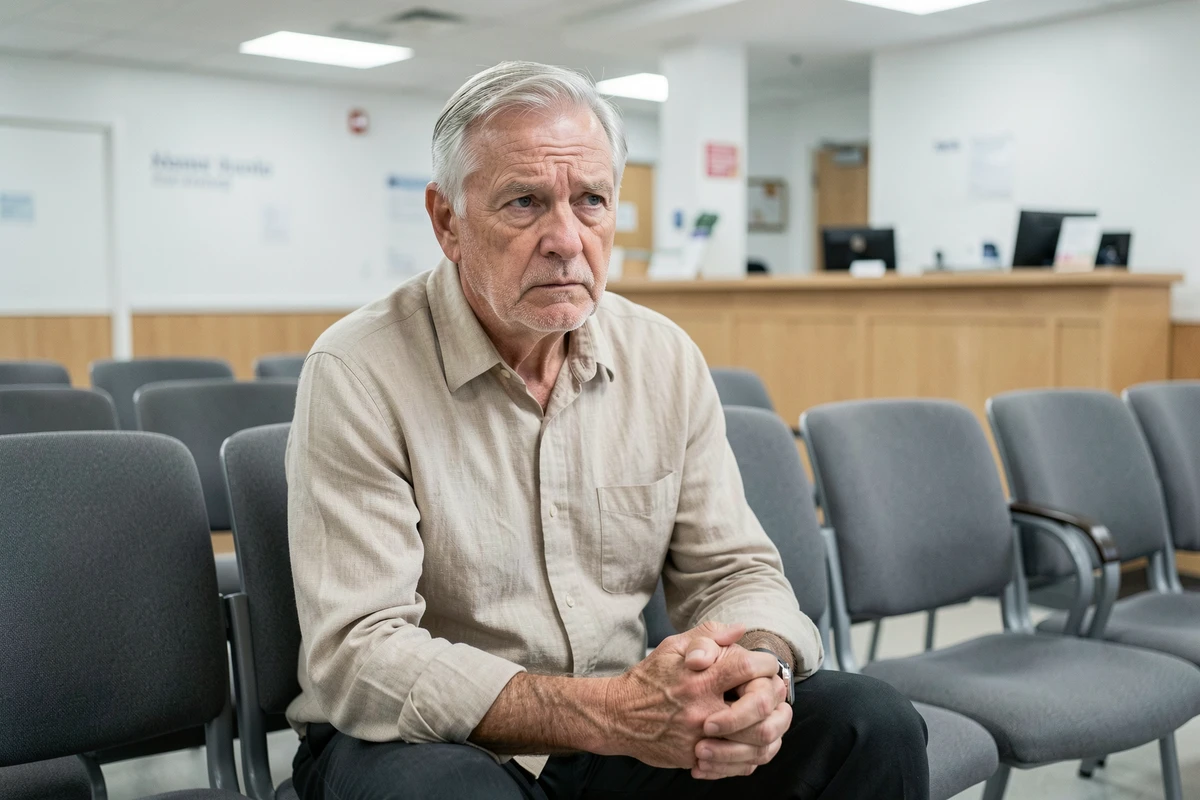 Homme âgé assis dans une salle d'attente d'hôpital avec une expression préoccupée, évoquant l'attente d'un diagnostic de cancer digestif