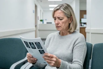 Patiente inquiète dans une salle d'attente radiologique tenant les résultats de son scanner des sinus