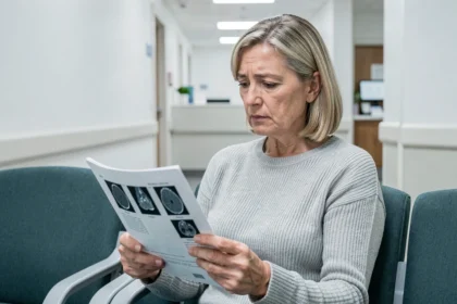 Patiente inquiète dans une salle d'attente radiologique tenant les résultats de son scanner des sinus