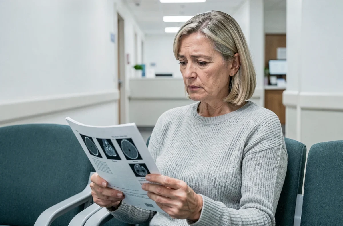 Patiente inquiète dans une salle d'attente radiologique tenant les résultats de son scanner des sinus