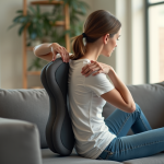 Personne utilisant un masseur dorsal compact dans un salon lumineux