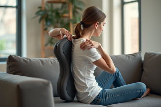 Personne utilisant un masseur dorsal compact dans un salon lumineux