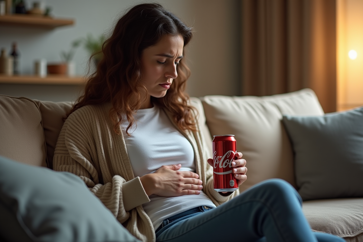 Personne inquiète tenant son ventre avec une canette de cola