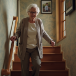 Femme agee utilisant la rampe dans sa maison