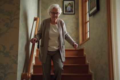 Femme agee utilisant la rampe dans sa maison