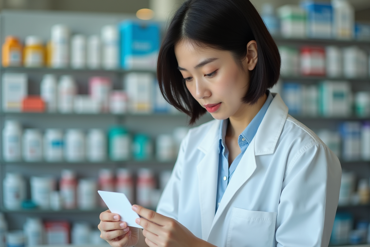 Jeune pharmacienne examinant une carte de santé en pharmacie
