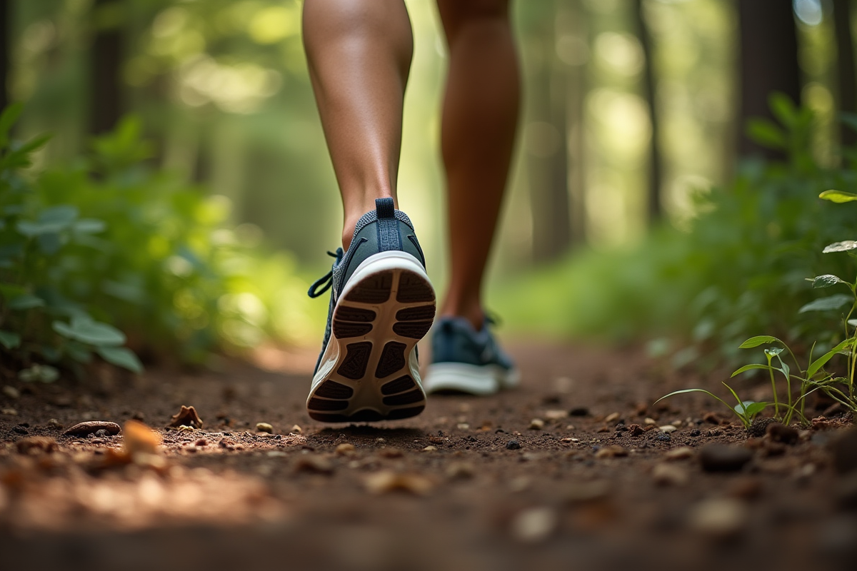 Pieds en chaussures de sport marchant sur un sentier forestier