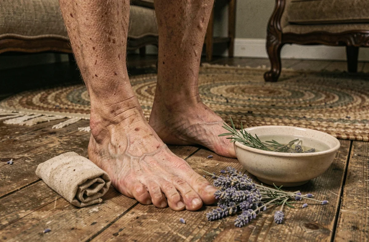 Gros plan de pieds âgés douloureux posés sur un plancher rustique avec remède de grand-mère à base de plantes pour l'épine calcanéenne