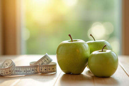 Pomme verte et mètre ruban sur une table en bois