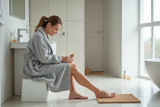 Femme utilisant une pierre ponce pour poncer la corne sous le pied dans une salle de bain moderne