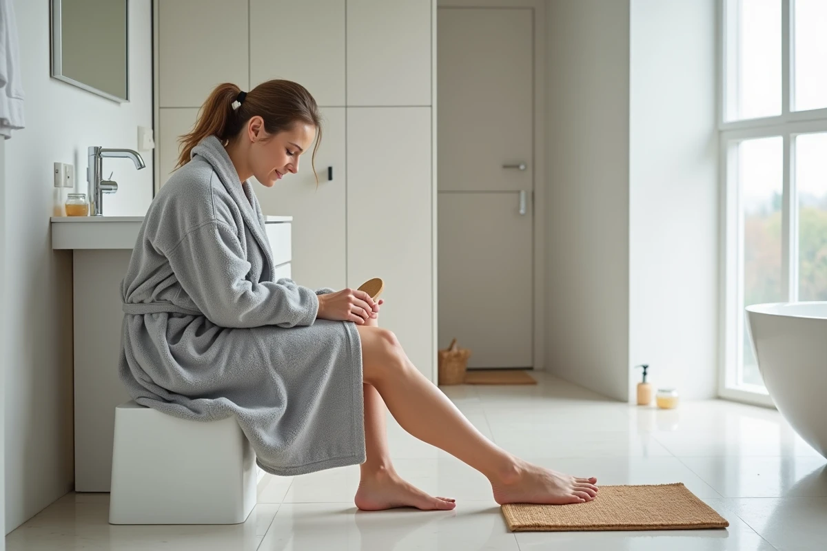 Femme utilisant une pierre ponce pour poncer la corne sous le pied dans une salle de bain moderne