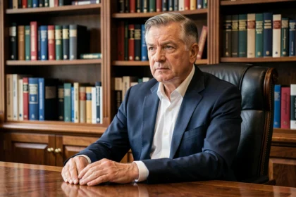 Portrait d'un homme distingué en costume marine assis à un bureau en bois dans un bureau formel, évoquant un professionnel des médias ou de l'analyse politique