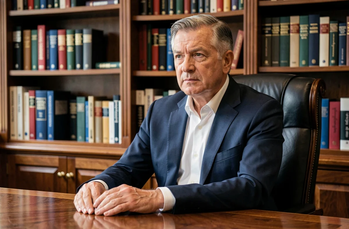 Portrait d'un homme distingué en costume marine assis à un bureau en bois dans un bureau formel, évoquant un professionnel des médias ou de l'analyse politique