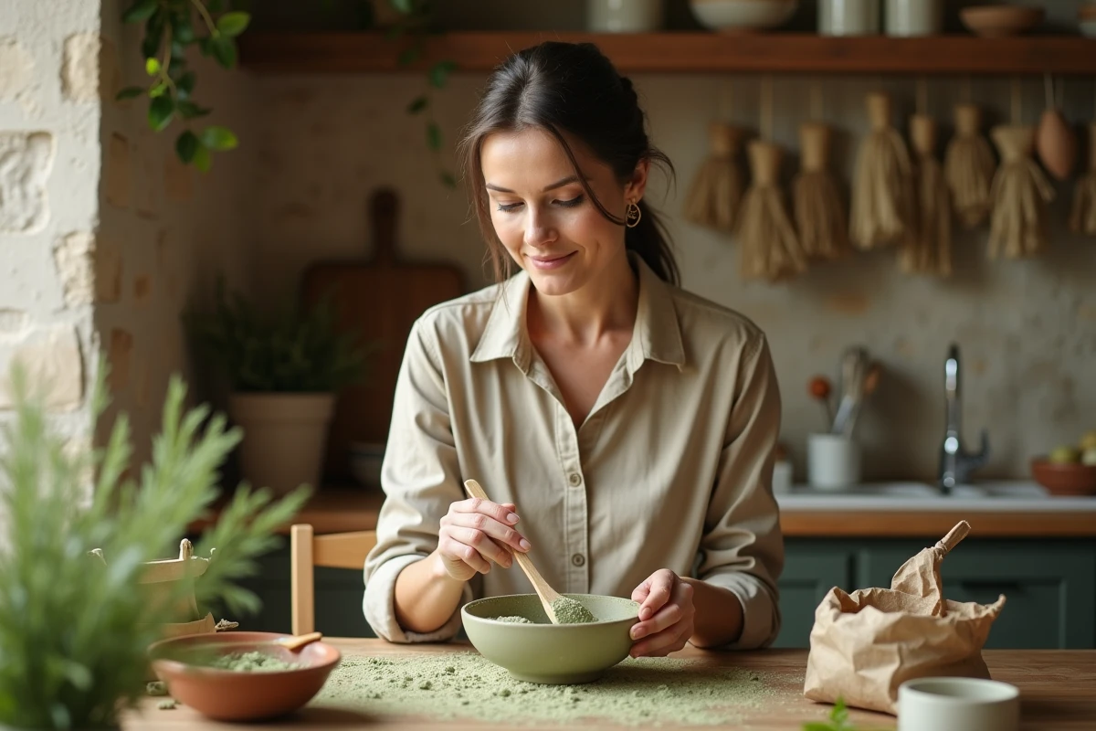 Femme préparant un masque à l'argile verte maison dans une cuisine rustique