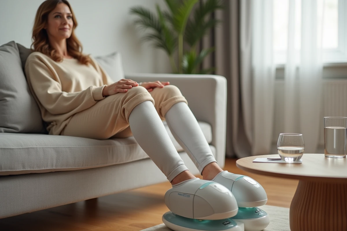 Femme utilisant un appareil de pressothérapie pour jambes lourdes à domicile, assise sur un canapé gris dans un salon cosy