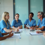 Groupe de professionnels de santé en réunion dans un hôpital