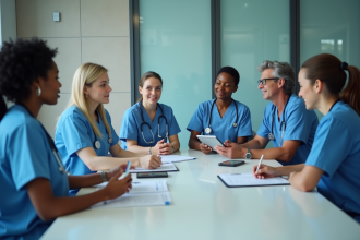 Groupe de professionnels de santé en réunion dans un hôpital
