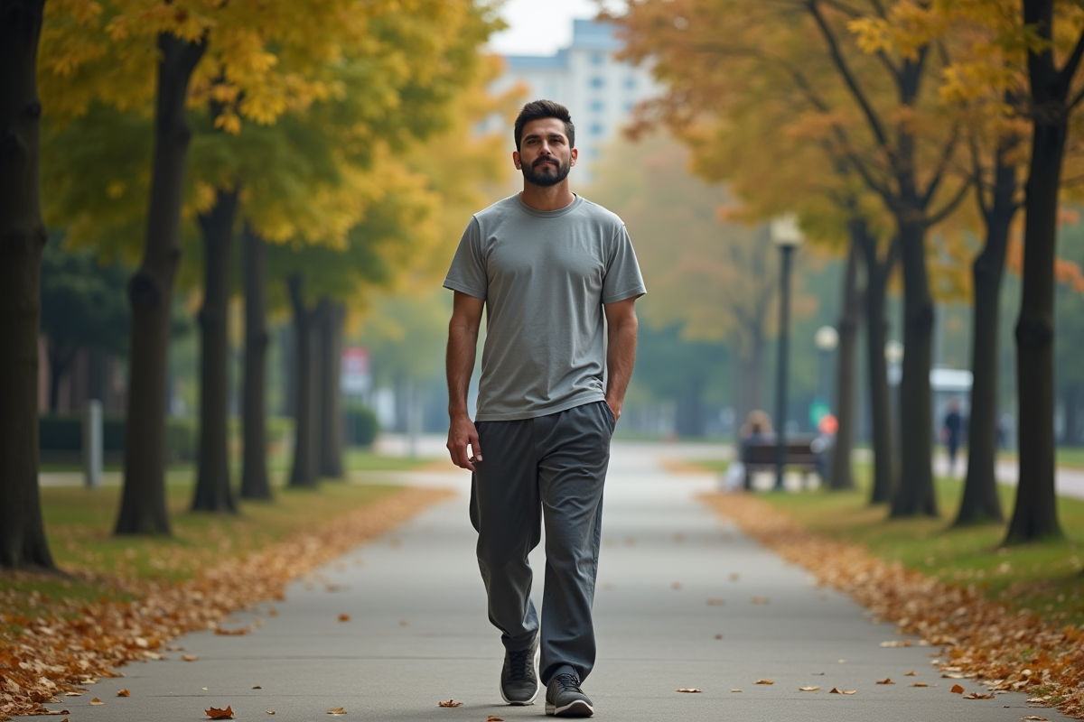 Homme en promenade contemplative dans un parc urbain
