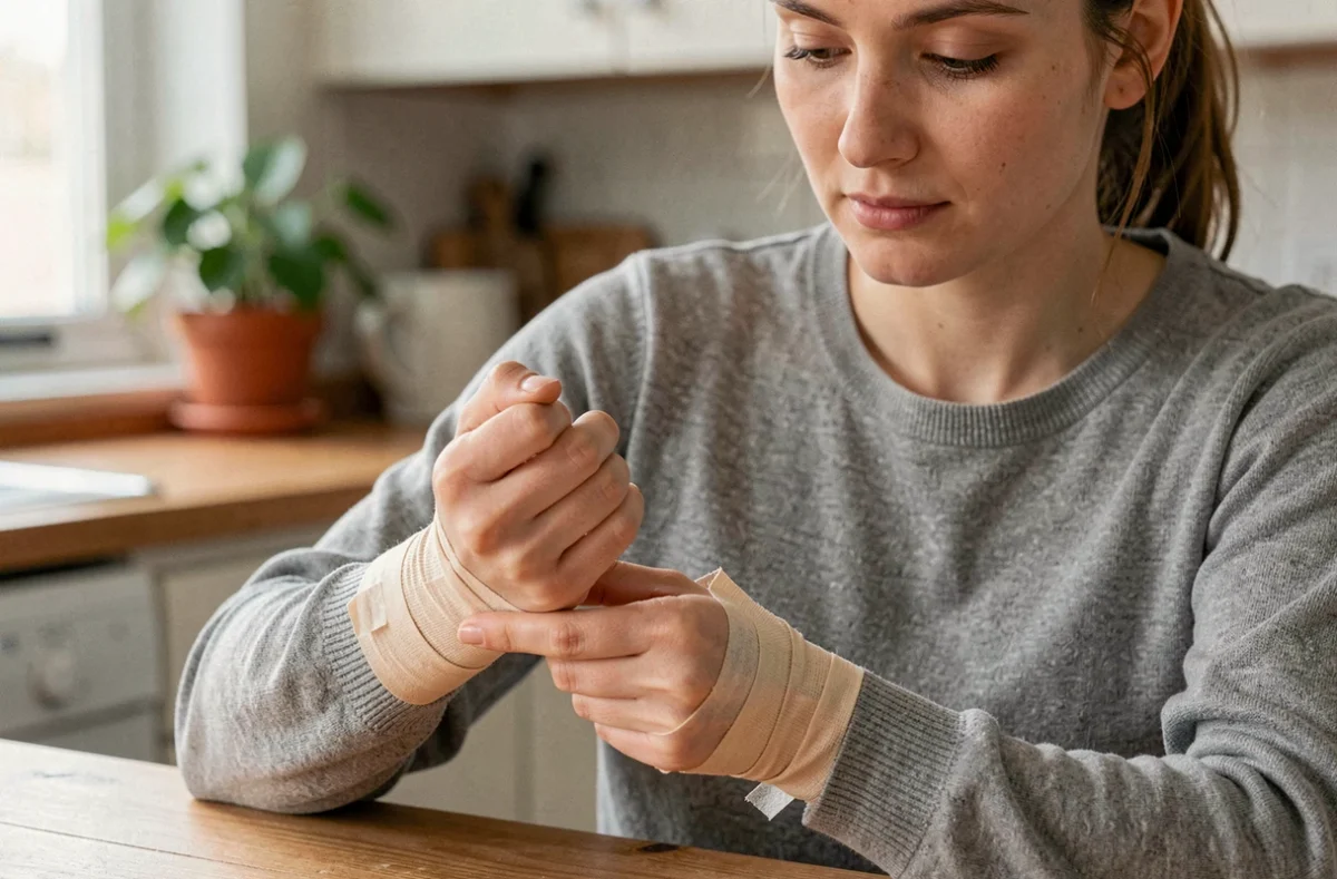 Femme enroulant un bandage médical autour d'un doigt blessé à la maison pour protéger un ongle arraché en cicatrisation