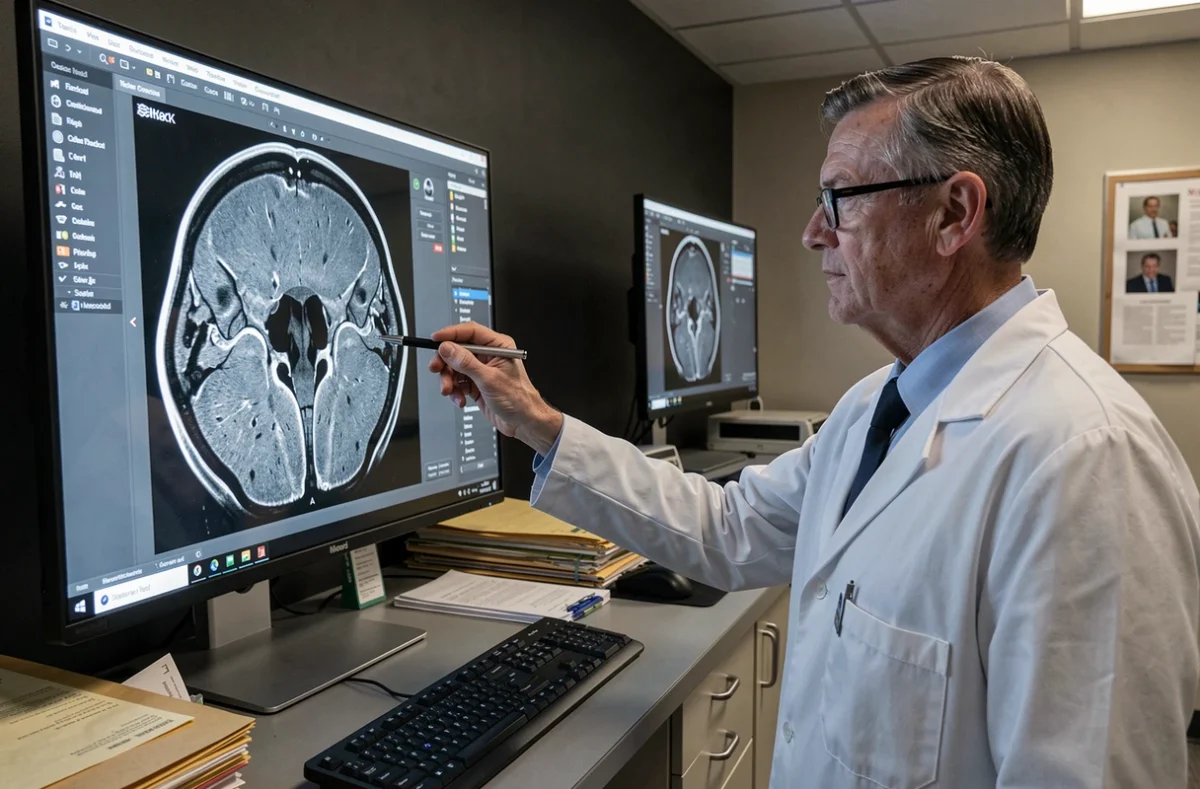 Radiologue analysant un scanner des sinus sur un écran de diagnostic médical en salle de lecture