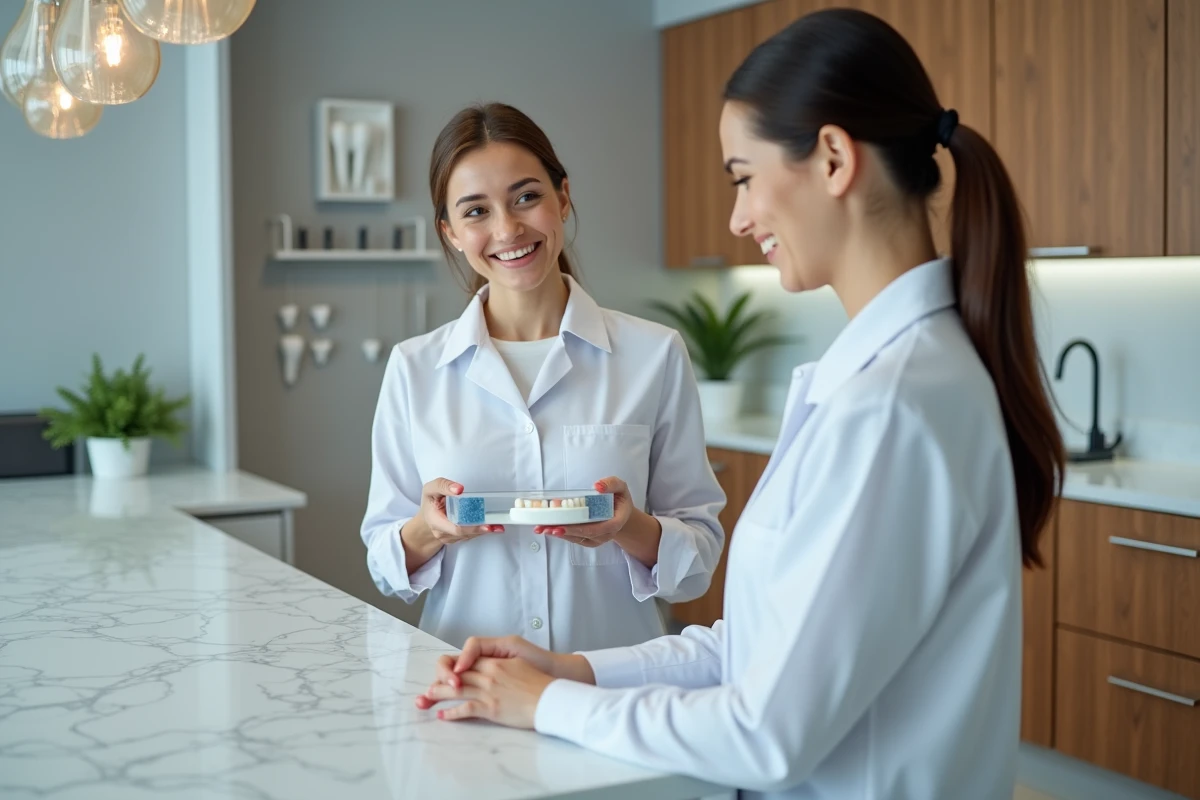 Femme en laboratoire remettant une prothese dentaire à la receptionniste