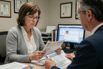 Femme examinant une facture de scanner TEP-scan élevée face à un administratif médical dans un bureau hospitalier