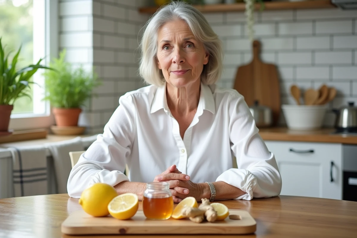Femme à table avec remèdes naturels miel gingembre citron pour apaiser la toux et la trachée