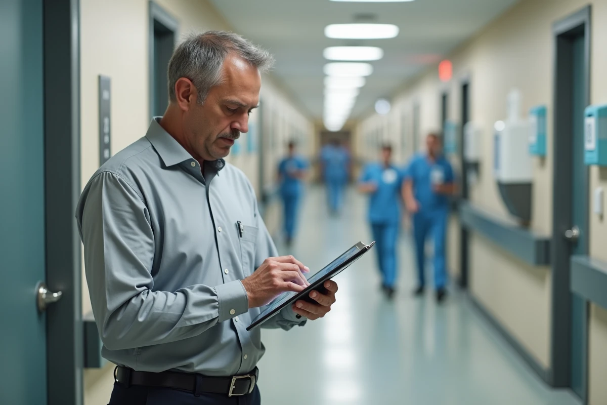 Responsable qualité consultant C.netsoins sur tablette dans un couloir d'établissement de santé