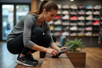 Femme insérant une semelle orthopédique pour pied plat dans sa chaussure de running dans un magasin de sport