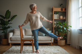 Femme senior souriante en équilibre dans un salon chaleureux