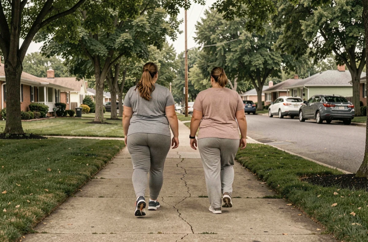 Deux femmes en surpoids marchant ensemble dans une rue résidentielle américaine, représentant l'effort physique dans la lutte contre l'obésité morbide