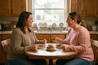Deux sœurs en surpoids partagent un repas dans une cuisine américaine modeste, illustrant le quotidien face à l'obésité morbide