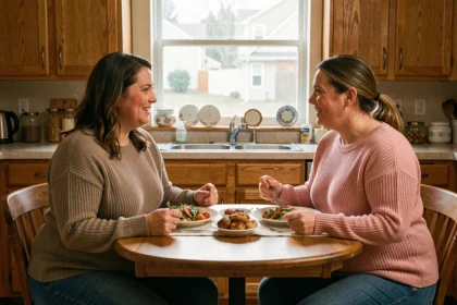 Deux sœurs en surpoids partagent un repas dans une cuisine américaine modeste, illustrant le quotidien face à l'obésité morbide