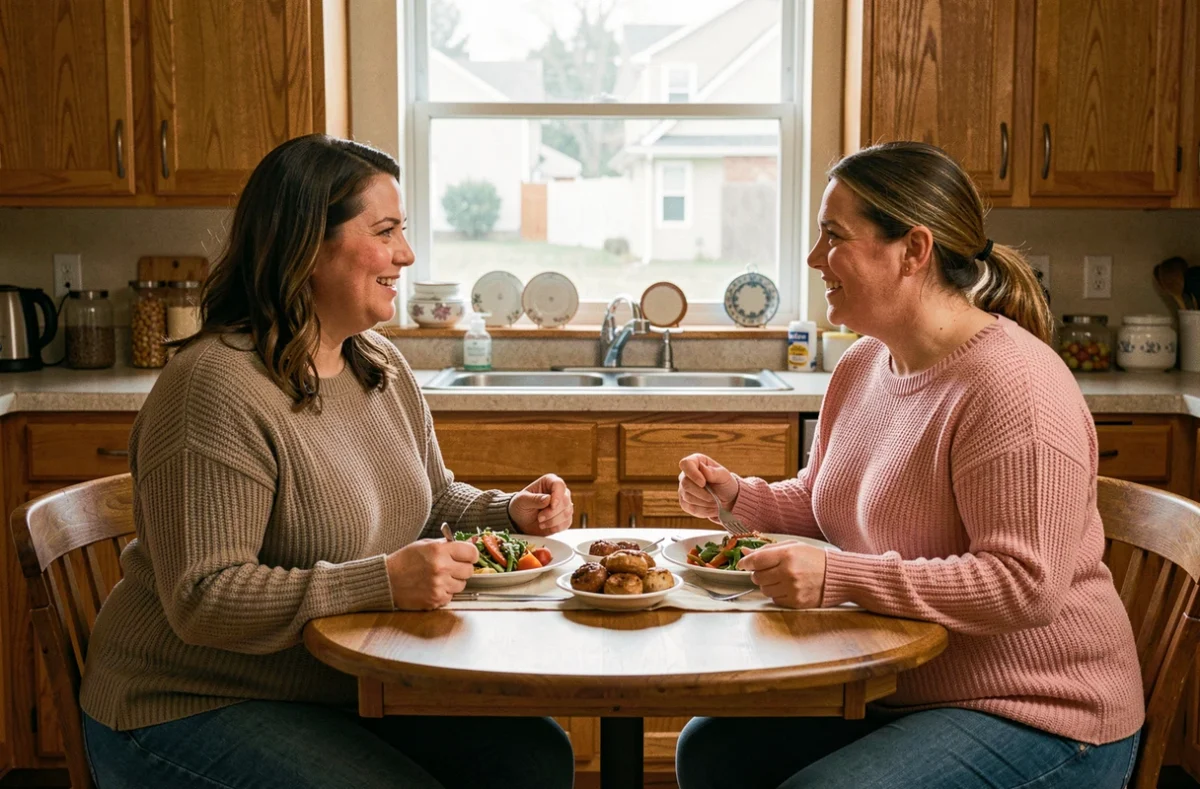 Deux sœurs en surpoids partagent un repas dans une cuisine américaine modeste, illustrant le quotidien face à l'obésité morbide