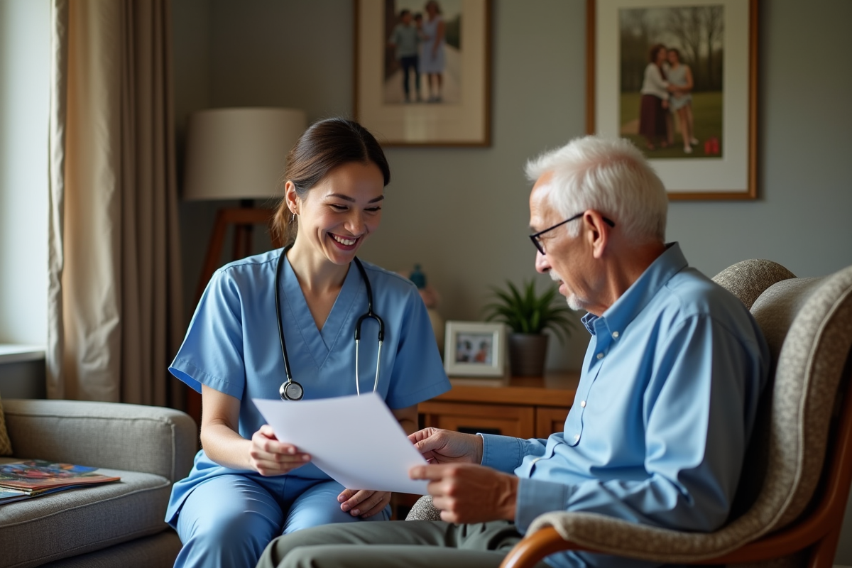 Infirmière à domicile souriante avec un patient âgé dans son salon