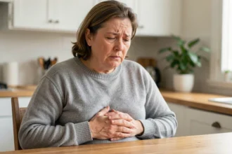 Femme d'âge moyen tenant son abdomen avec une expression de gêne digestive, assise dans une cuisine, illustrant les symptômes du cancer de l'estomac