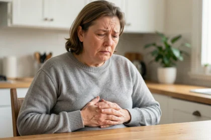 Femme d'âge moyen tenant son abdomen avec une expression de gêne digestive, assise dans une cuisine, illustrant les symptômes du cancer de l'estomac