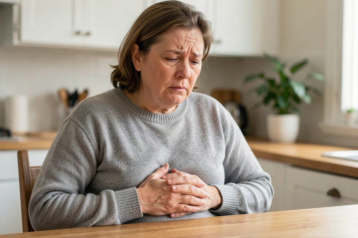 Femme d'âge moyen tenant son abdomen avec une expression de gêne digestive, assise dans une cuisine, illustrant les symptômes du cancer de l'estomac